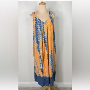 Vintage Floral Embroidered Blue Orange Gauze Cotton Tie Dye Maxi Dress L XL